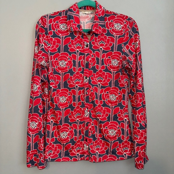 Boden Tops - Boden Navy Blue Red Floral Button Front Long Sleeve Shirt Size 4
